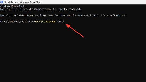 نتائج أمر Get-AppxPackage *AIX* التي تظهر MicrosoftWindows.Client.AIX
