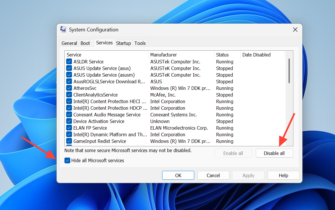 صورة لعلامة التبويب Services في Msconfig