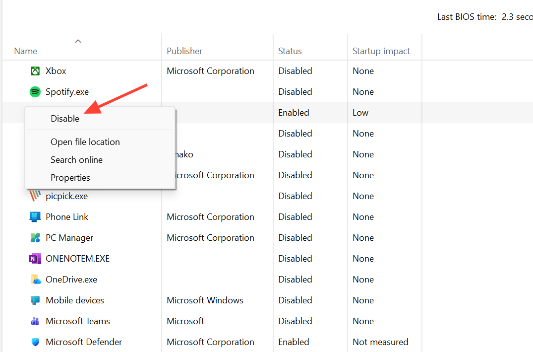 صورة لعلامة التبويب Startup في Task Manager