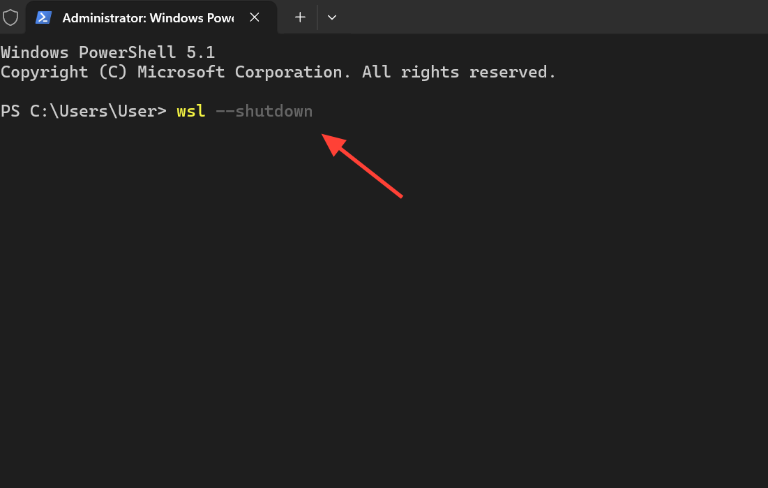 لقطة شاشة توضح تشغيل أمر إيقاف تشغيل WSL في PowerShell.