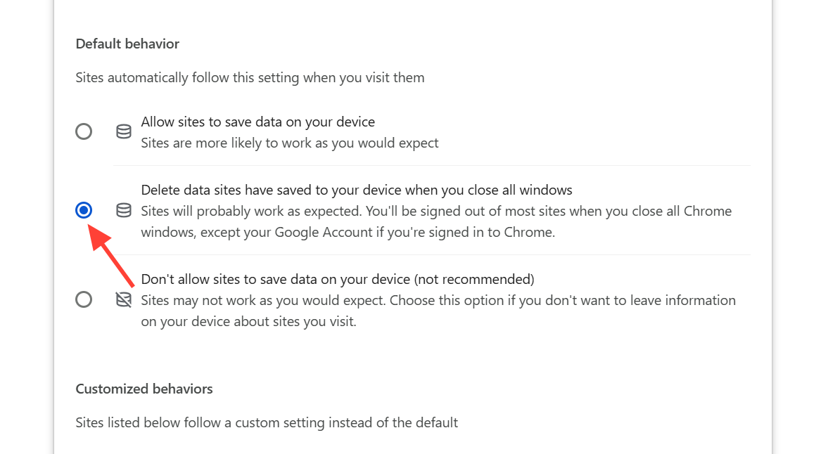 صورة توضح إعدادات مسح بيانات الموقع عند إغلاق Chrome