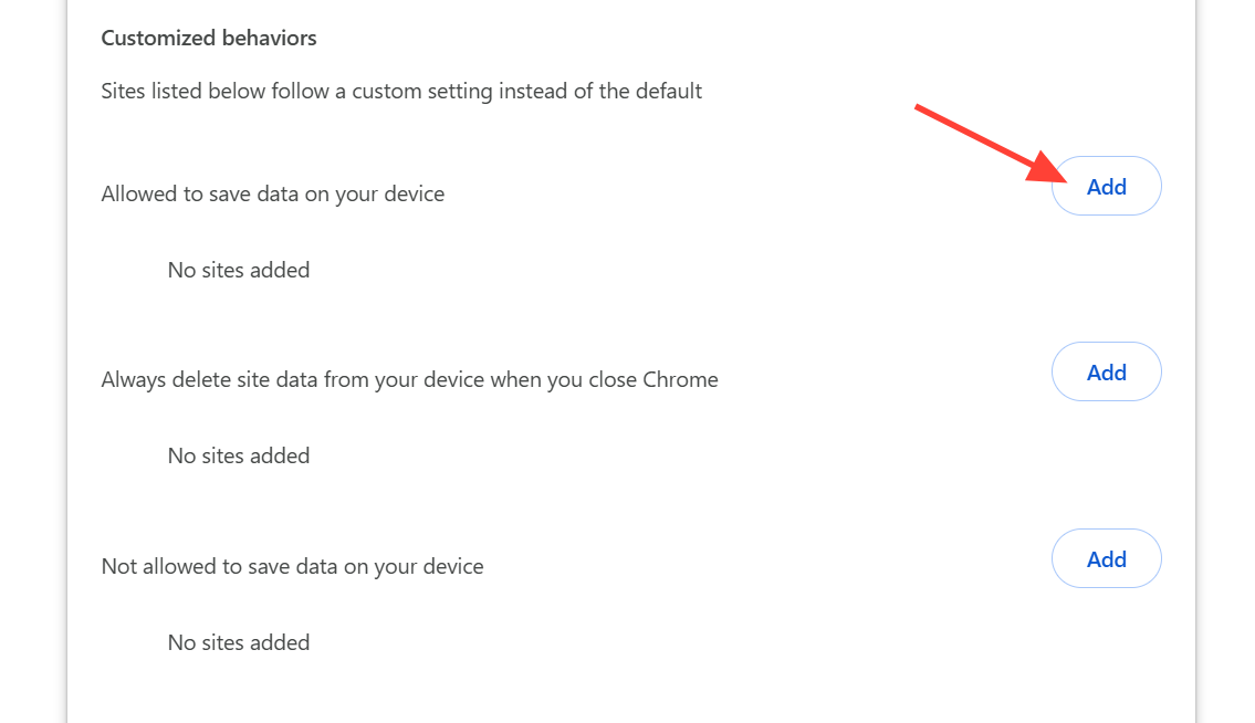 صورة توضح إضافة مواقع إلى قائمة الاستثناءات في Chrome