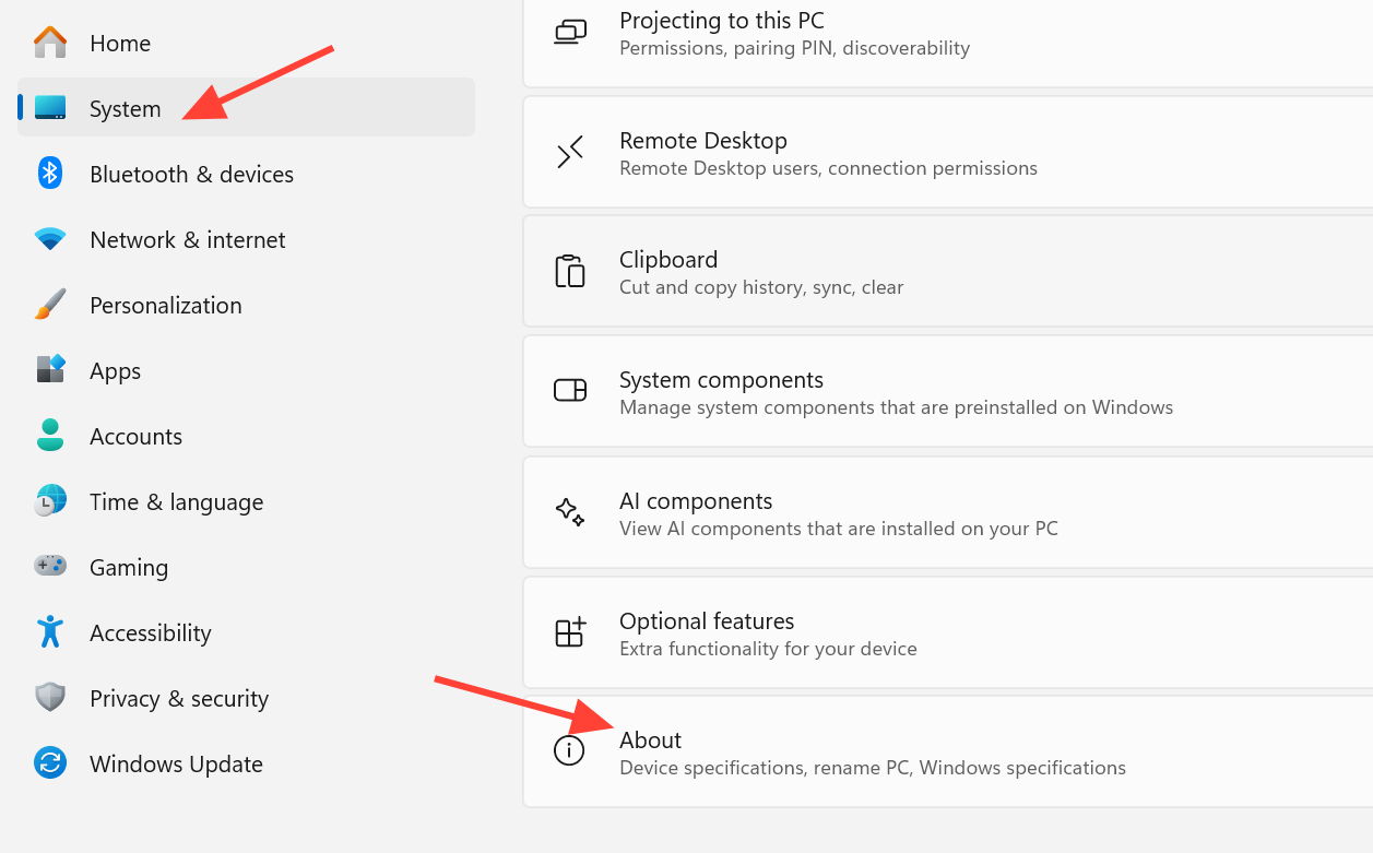 لقطة شاشة توضح قسم System/> About في إعدادات Windows 11.