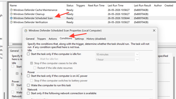 لقطة شاشة لإعدادات Conditions في Windows Defender Scheduled Scan
