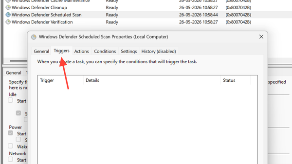 لقطة شاشة لإعدادات Triggers في Windows Defender Scheduled Scan
