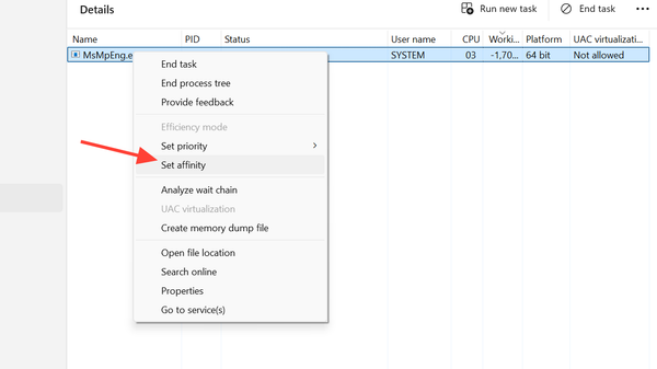 لقطة شاشة توضح خيار Set affinity لعملية MsMpEng.exe في Task Manager.