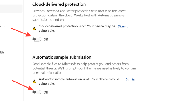لقطة شاشة لإعدادات الحماية من الفيروسات والتهديدات في Windows Security.