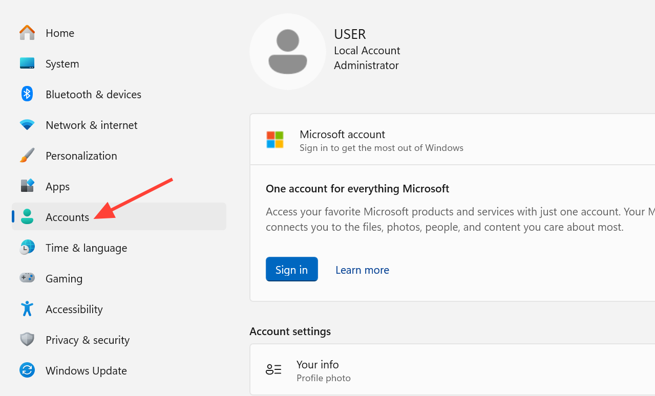 شاشة تطبيق الإعدادات في Windows 11 مع تحديد خيار الحسابات