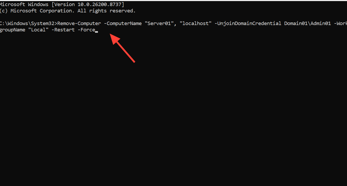 لقطة شاشة لأمر PowerShell لإزالة الكمبيوتر من النطاق