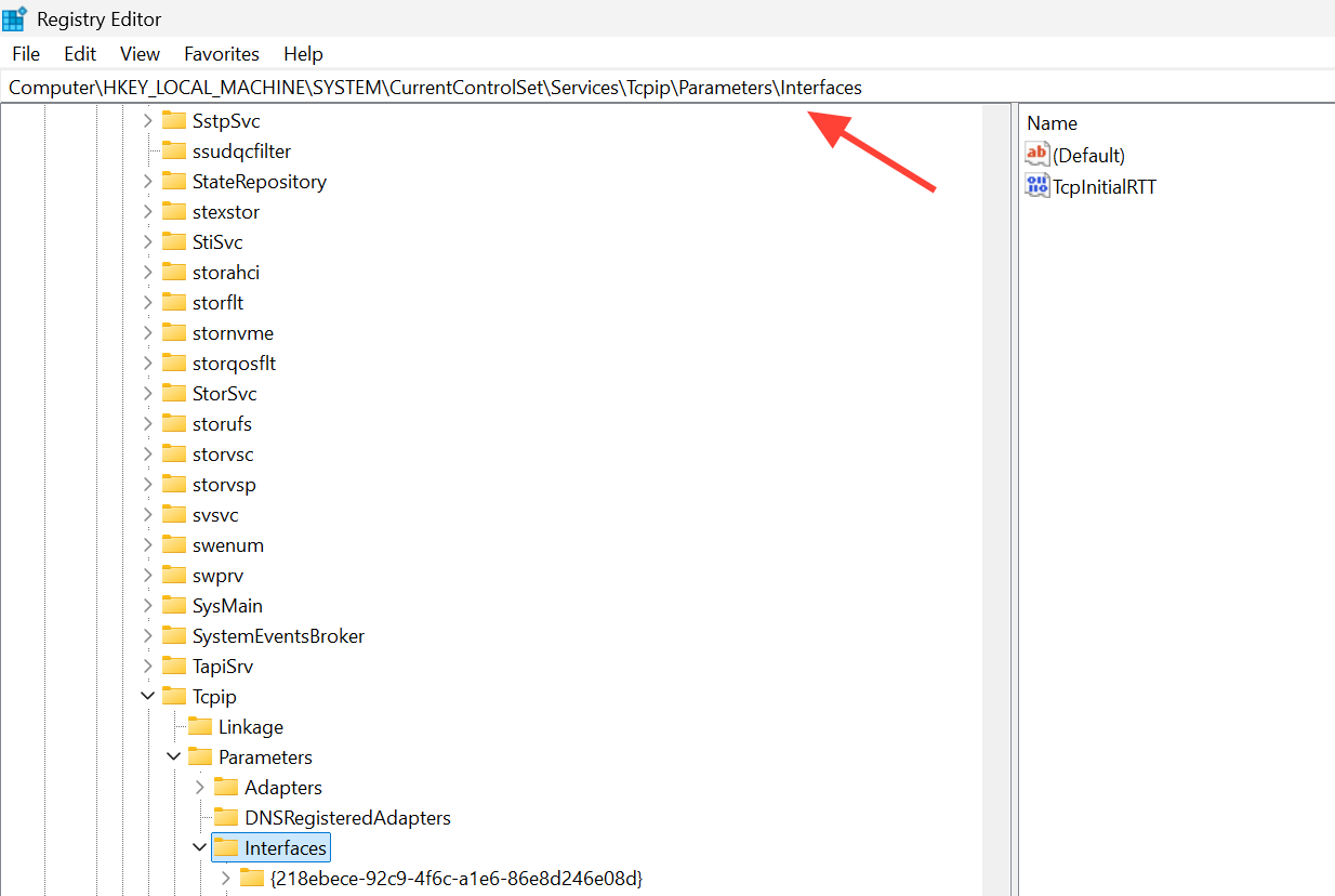 المسار في Registry Editor لـ Tcpip Parameters Interfaces