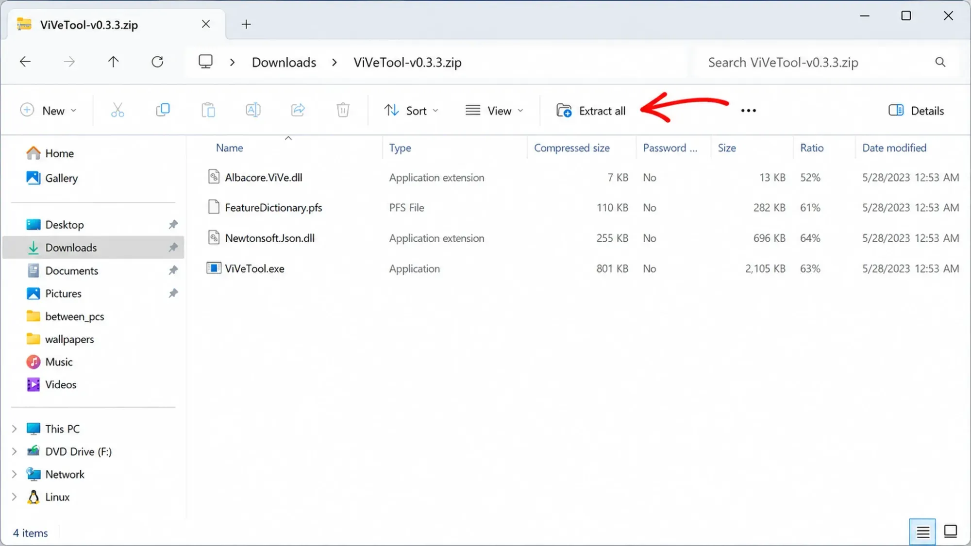 استخراج ملف ViveTool المضغوط