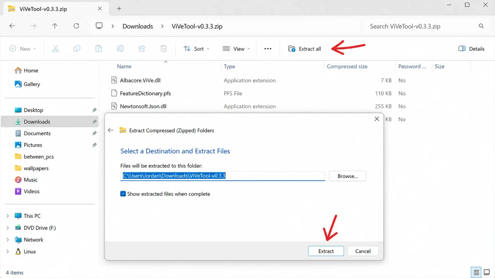 استخراج ملف ViveTool المضغوط
