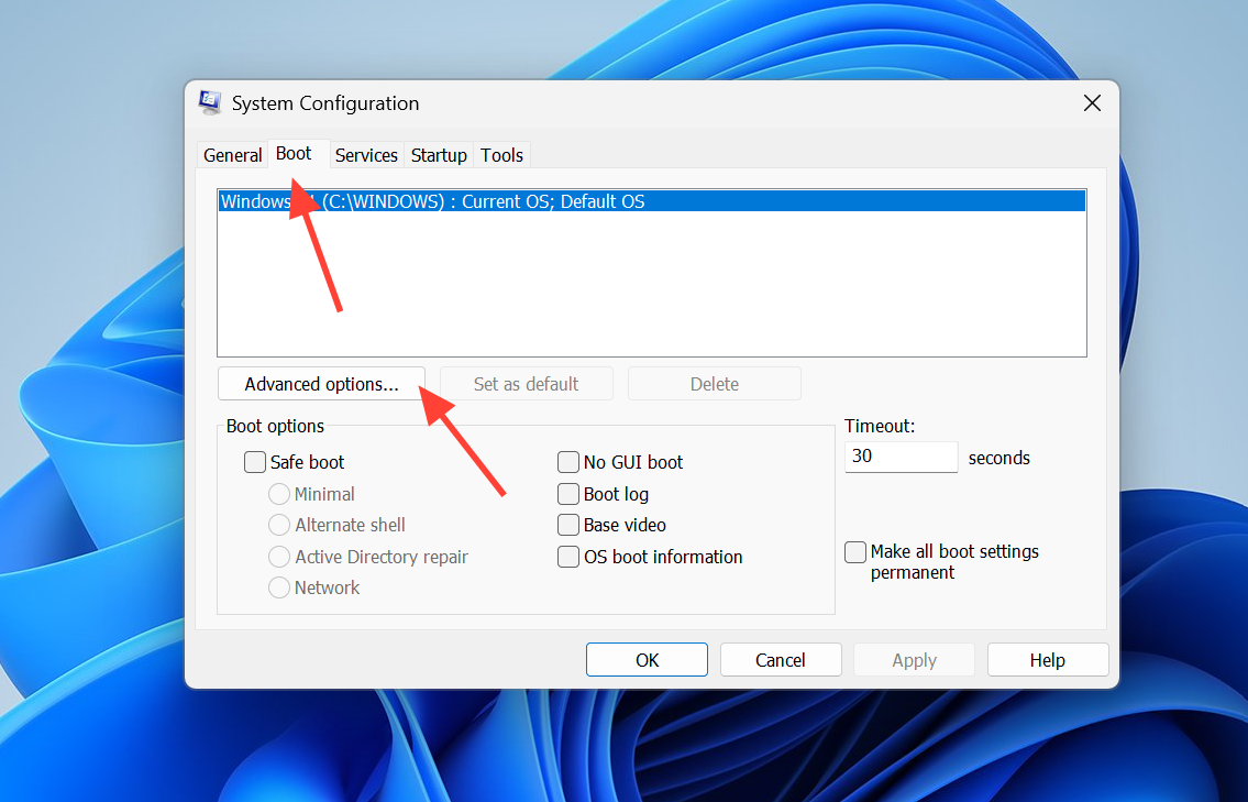 علامة التبويب Boot في System Configuration