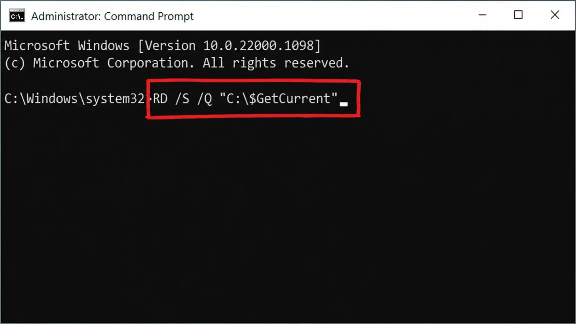 حذف مجلد $GetCurrent باستخدام موجه الأوامر بصلاحيات المسؤول