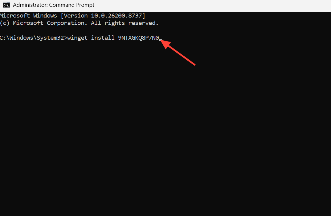 صورة توضح تنفيذ أمر winget install في Command Prompt