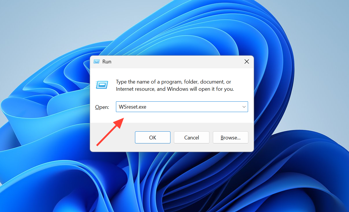 تشغيل أمر WSReset.exe في مربع الحوار Run