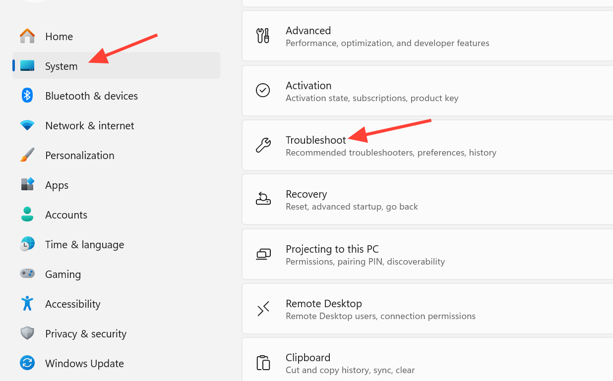 الانتقال إلى System/> Troubleshoot في الإعدادات