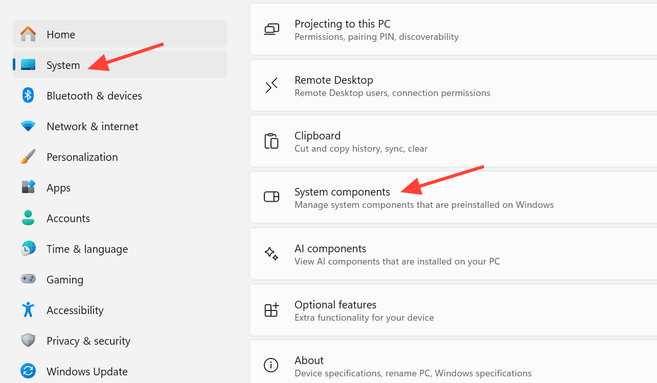 لقطة شاشة لقسم مكونات النظام في إعدادات Windows 11