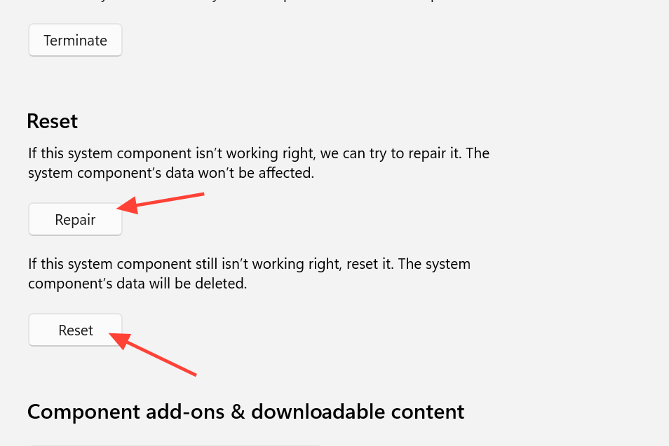 لقطة شاشة توضح خيارات Repair و Reset لتطبيق في إعدادات Windows 11.