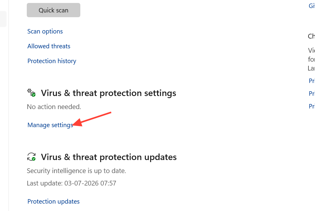 إعدادات الحماية من الفيروسات والتهديدات في Windows Defender