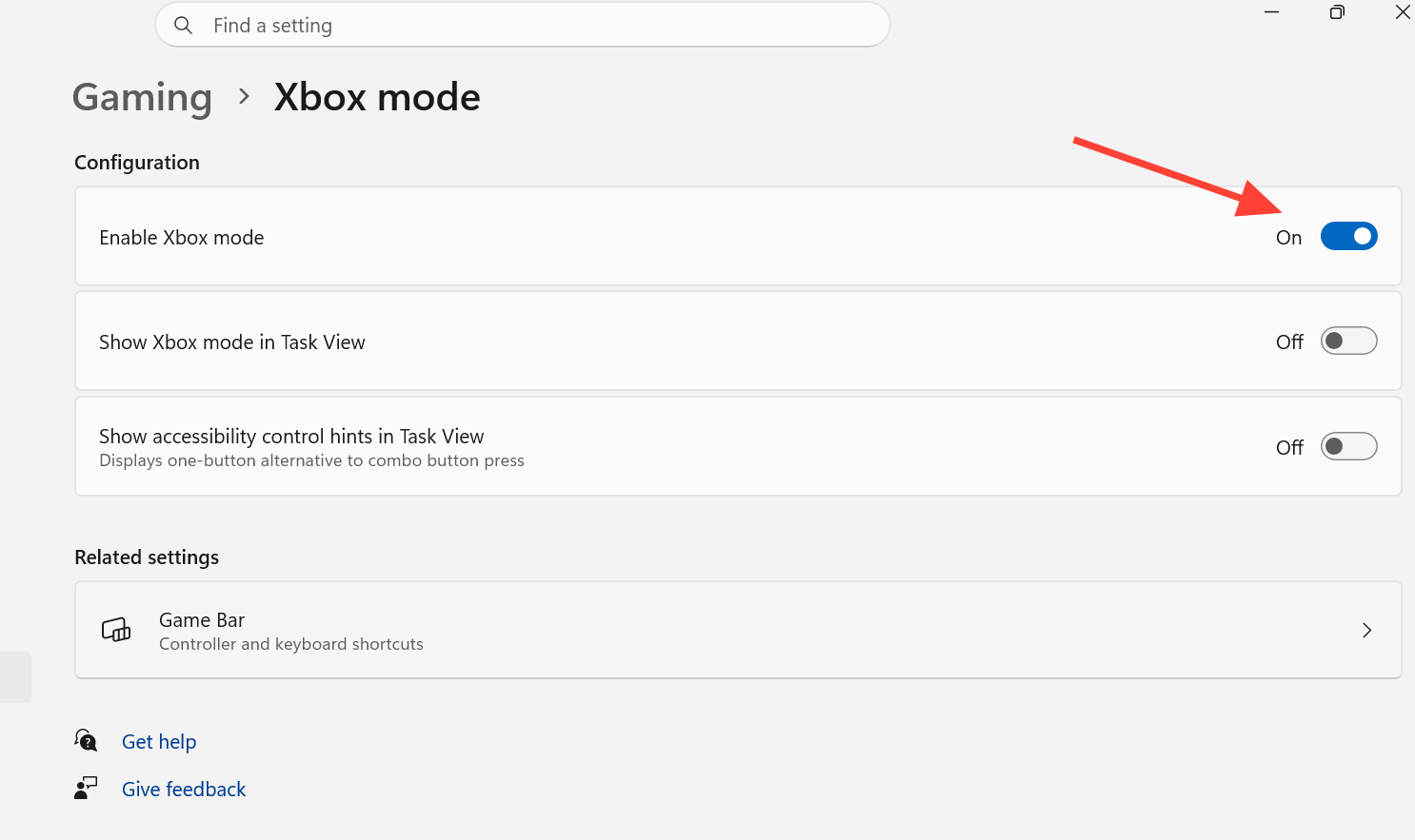 لقطة شاشة تظهر خيار Enable Xbox Mode في إعدادات Gaming