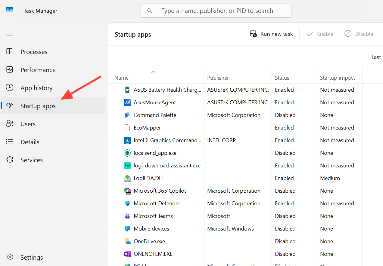 لقطة شاشة لمدير المهام في Windows 11 مع تحديد علامة تبويب تطبيقات بدء التشغيل.