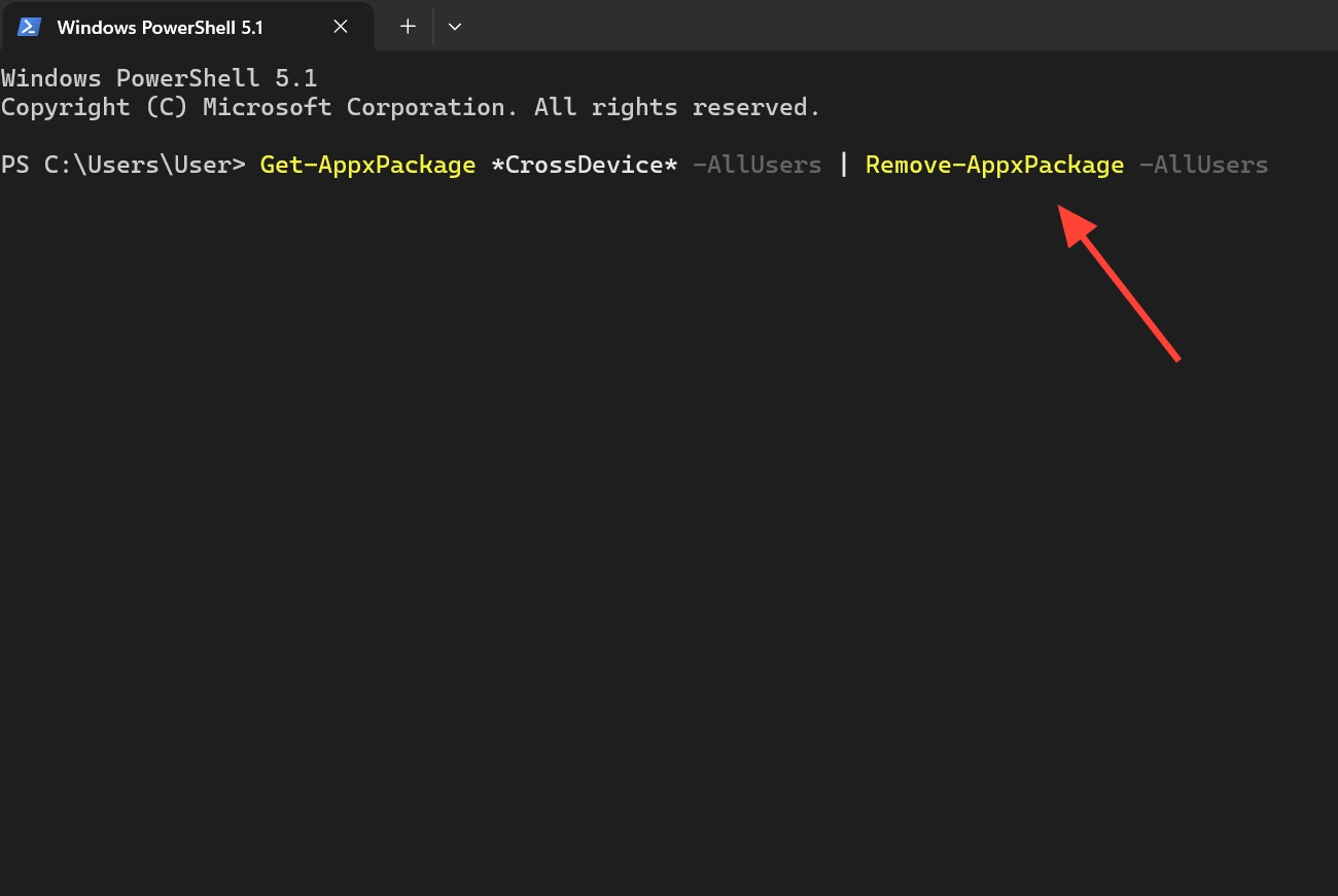 نافذة PowerShell تعرض أمر إزالة Cross Device Experience Host