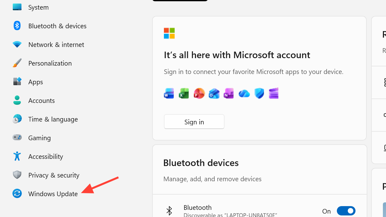 Zrzut ekranu usługi Windows Update w Ustawieniach