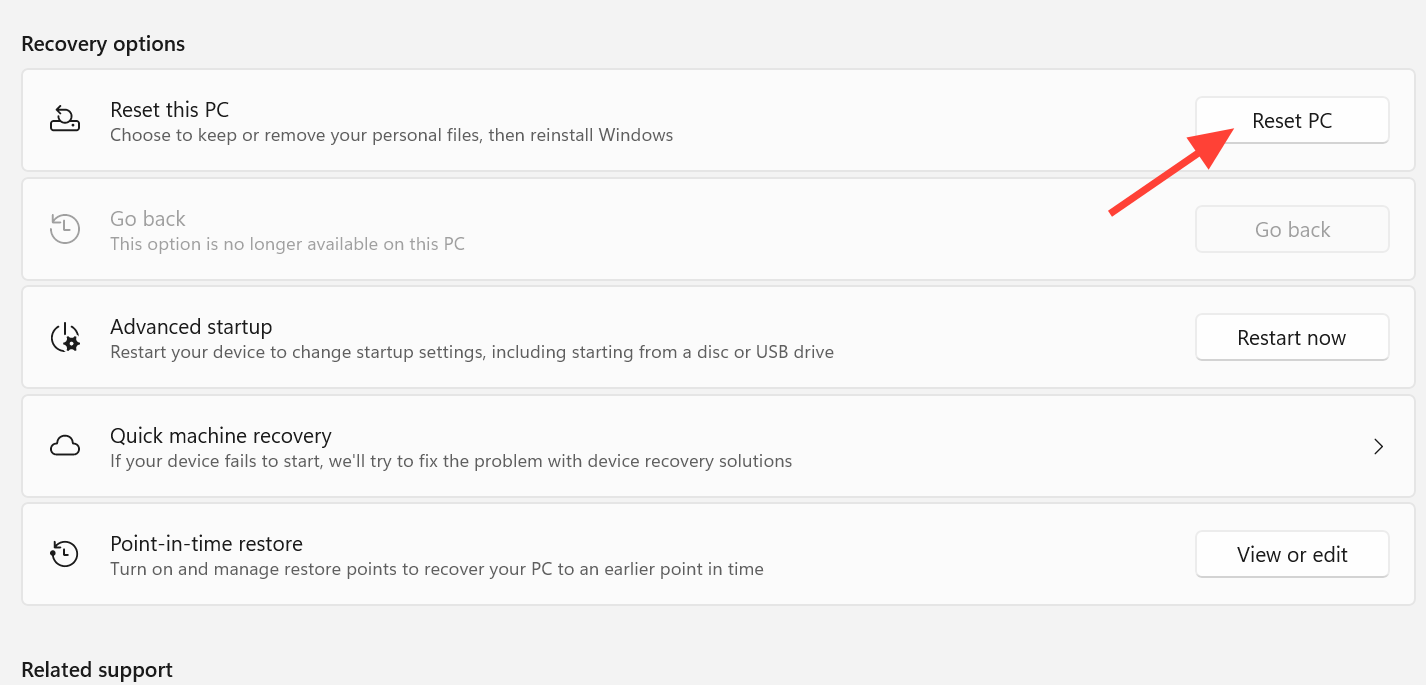 خيارات استعادة النظام وإعادة تعيين الكمبيوتر في Windows 11