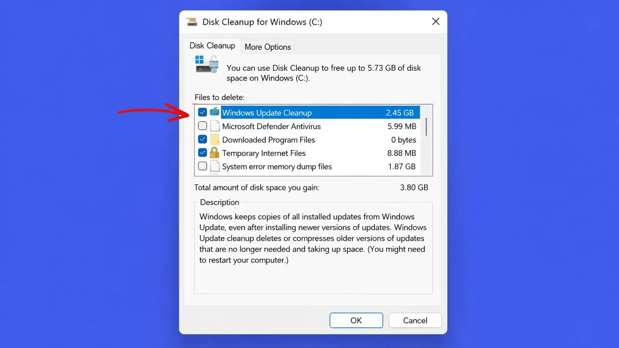 خيار تنظيف تحديثات Windows في معالج تنظيف القرص