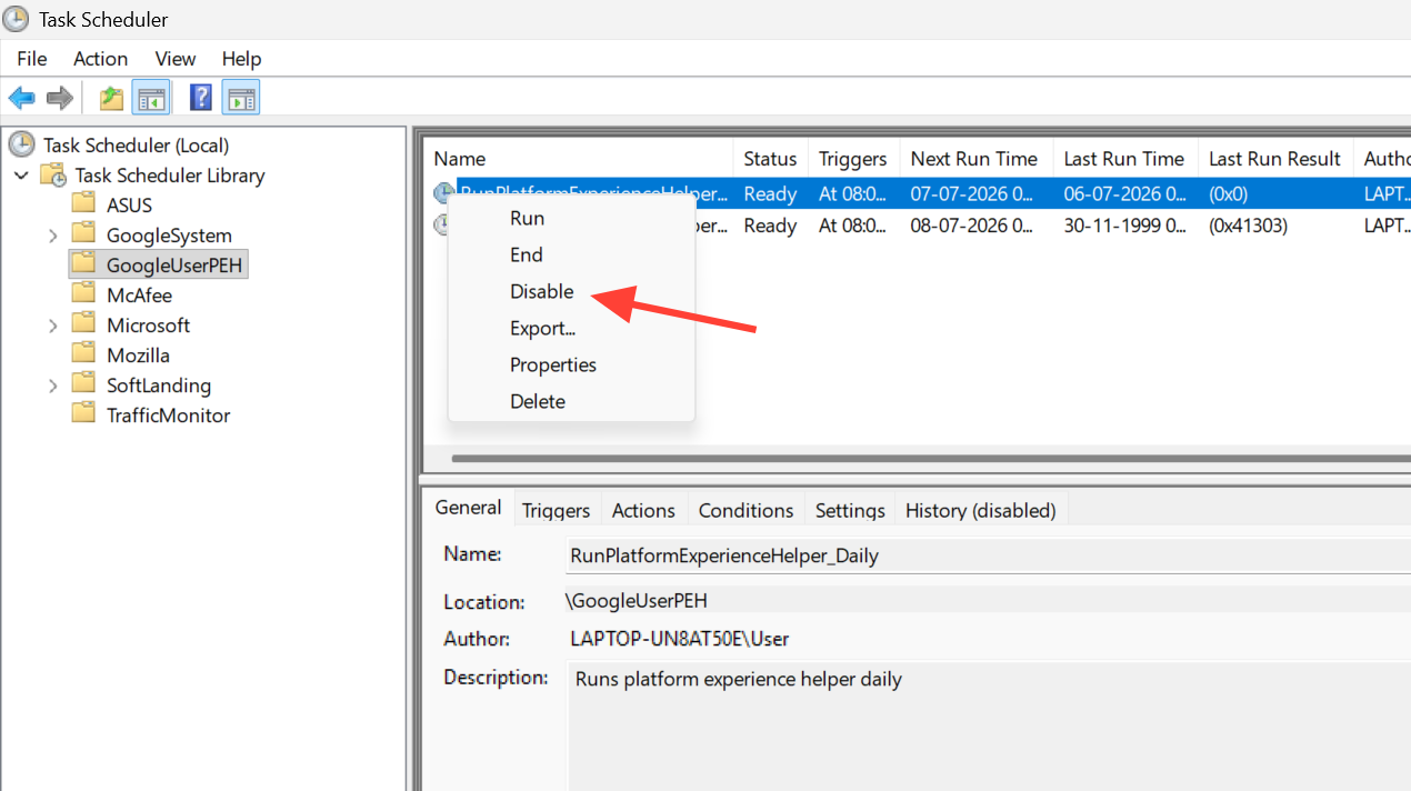 صورة تظهر قائمة السياق بعد النقر بزر الماوس الأيمن على مهمة RunPlatformExperienceHelperOnUnlock في Task Scheduler، مع تحديد خيار Disable.