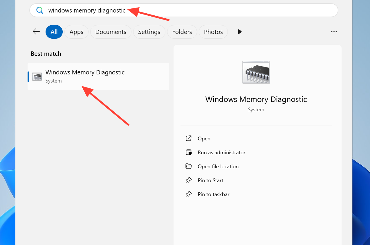 صورة توضح البحث عن أداة Windows Memory Diagnostic في قائمة البحث.