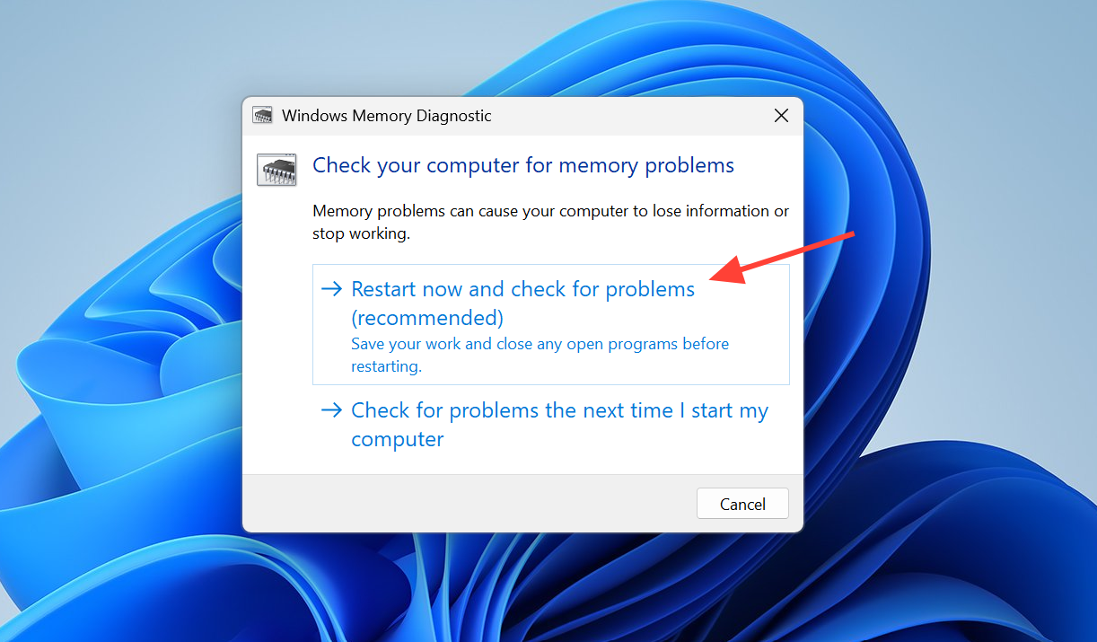 صورة توضح خيار إعادة التشغيل وفحص المشاكل في أداة Windows Memory Diagnostic.