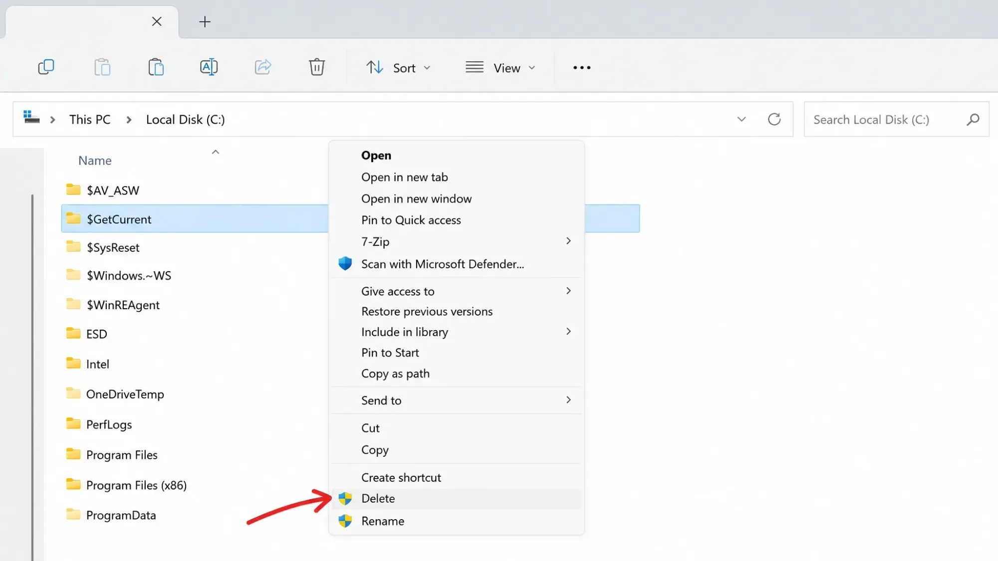 حذف مجلد $GetCurrent باستخدام مستكشف ملفات Windows