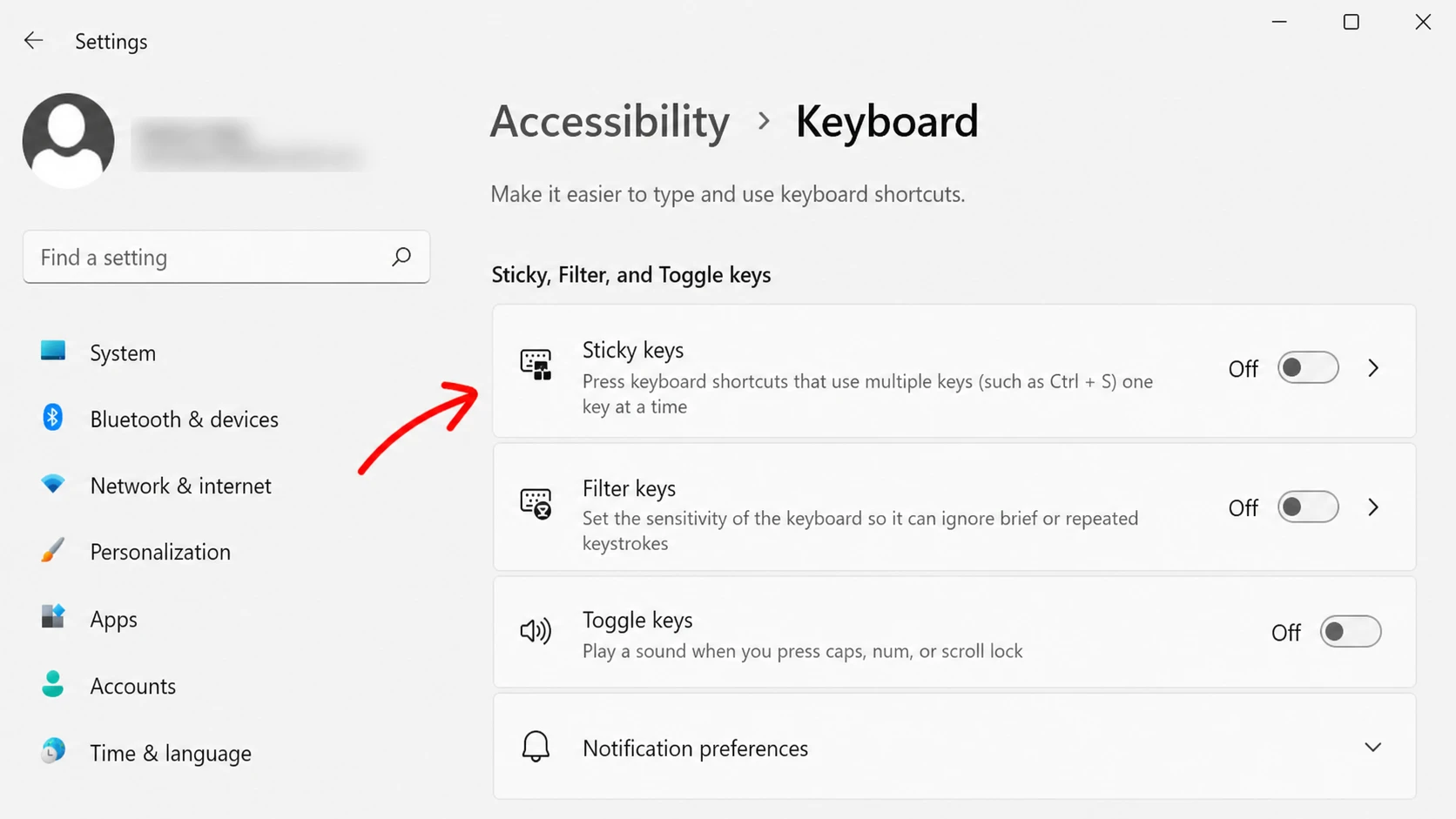 تعطيل Sticky Keys و Filter Keys في Windows 11