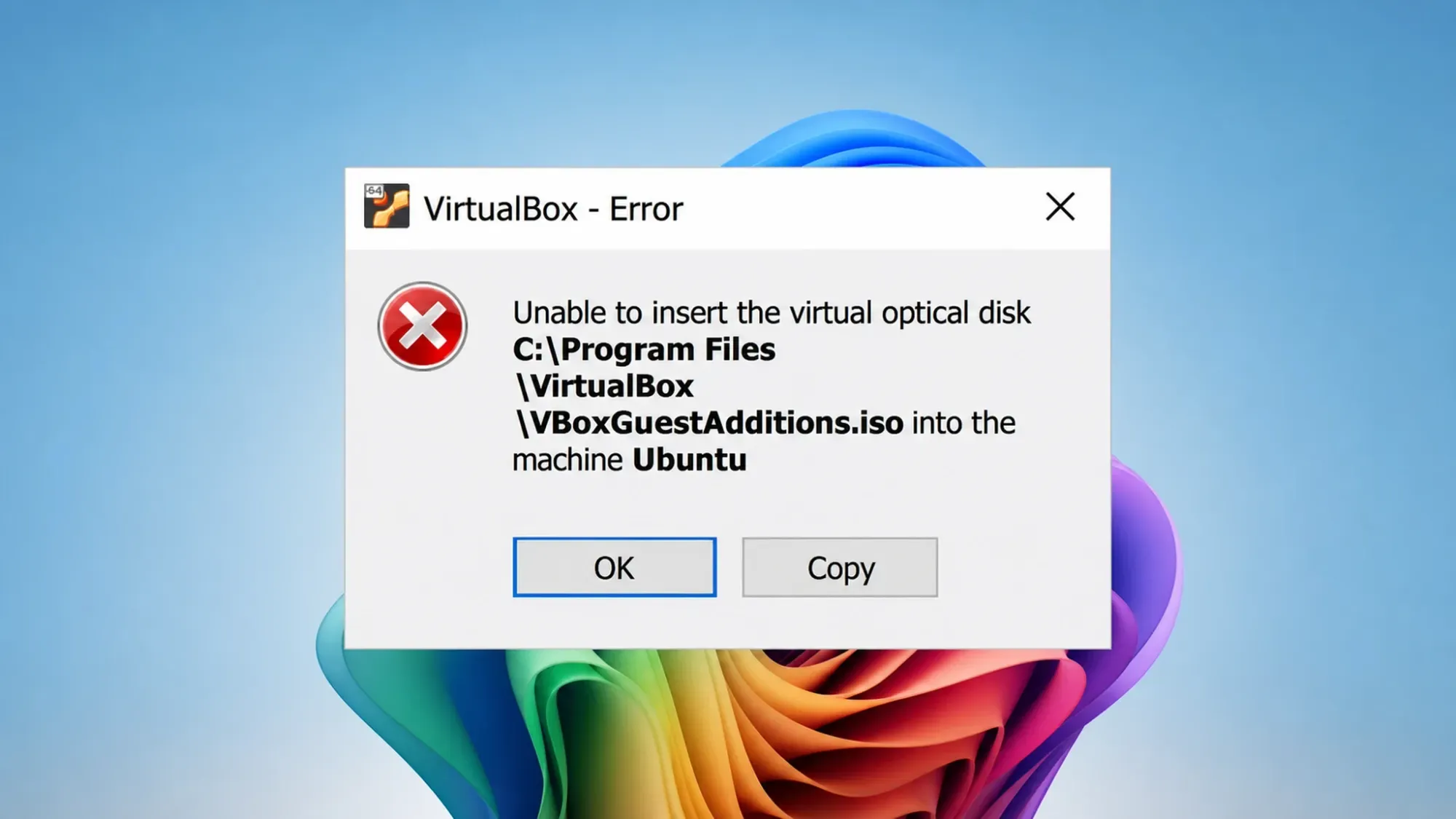 VirtualBox غير قادر على إدخال القرص البصري الافتراضي