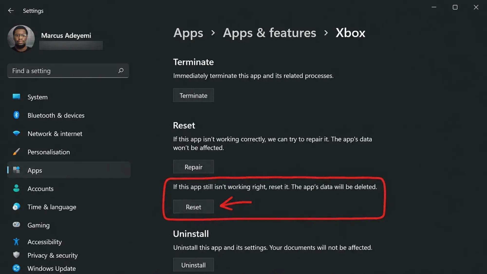 إعادة تعيين تطبيق Xbox