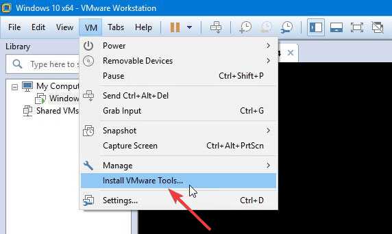 زر تثبيت VMware Tools