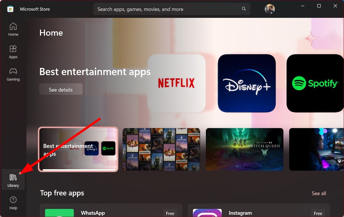 زر Library في متجر Microsoft