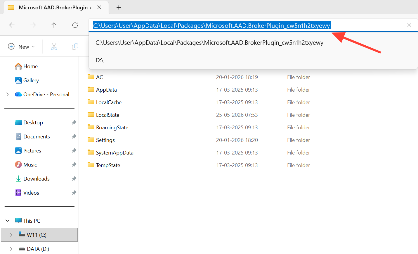صورة توضح حذف الملفات والمجلدات لإصلاح خطأ تسجيل الدخول في Microsoft 365