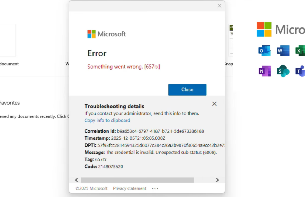 لقطة شاشة لخطأ تسجيل الدخول 657rx في Microsoft 365 يظهر رسالة 'حدث خطأ ما'