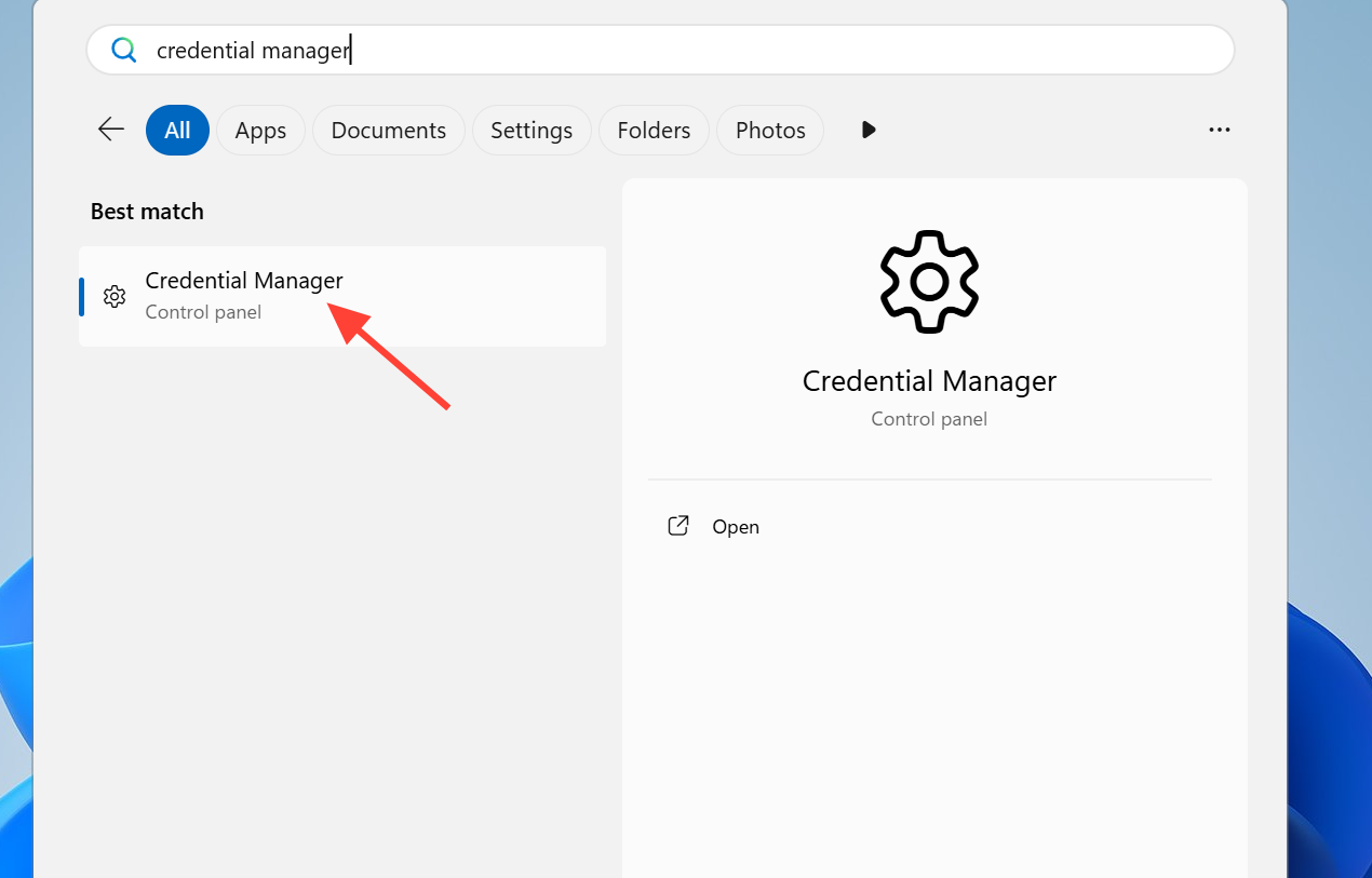 صورة توضح كيفية البحث عن Credential Manager في قائمة Start
