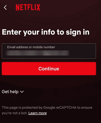 شاشة تسجيل الدخول إلى Netflix على الهاتف