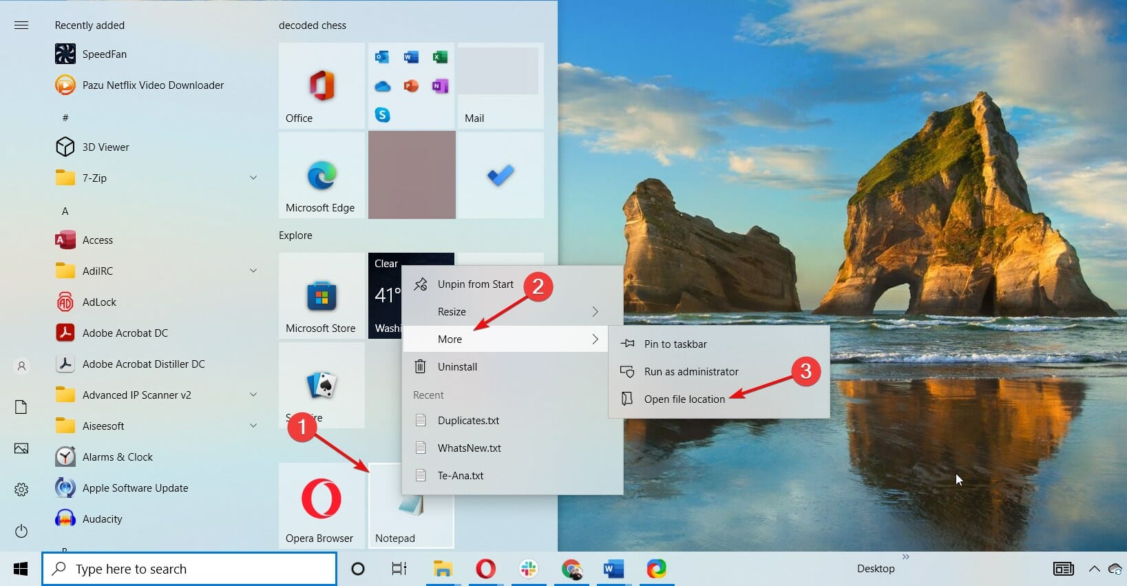 فتح موقع ملف Notepad