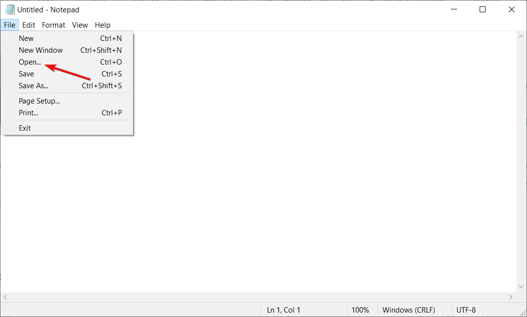 فتح ملف جديد في Notepad