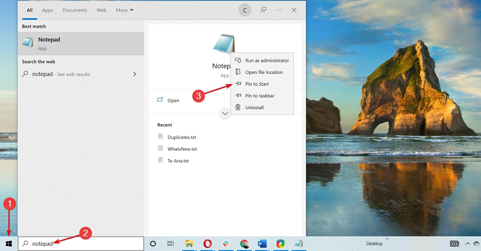 تثبيت Notepad في قائمة Start