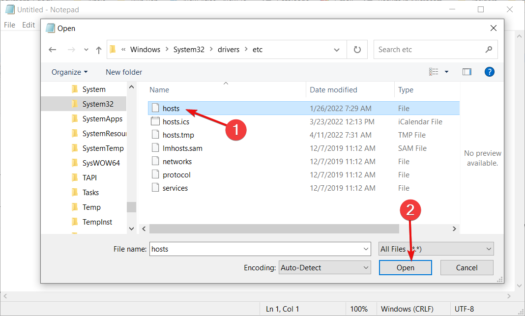 فتح ملف Hosts في Notepad على Windows