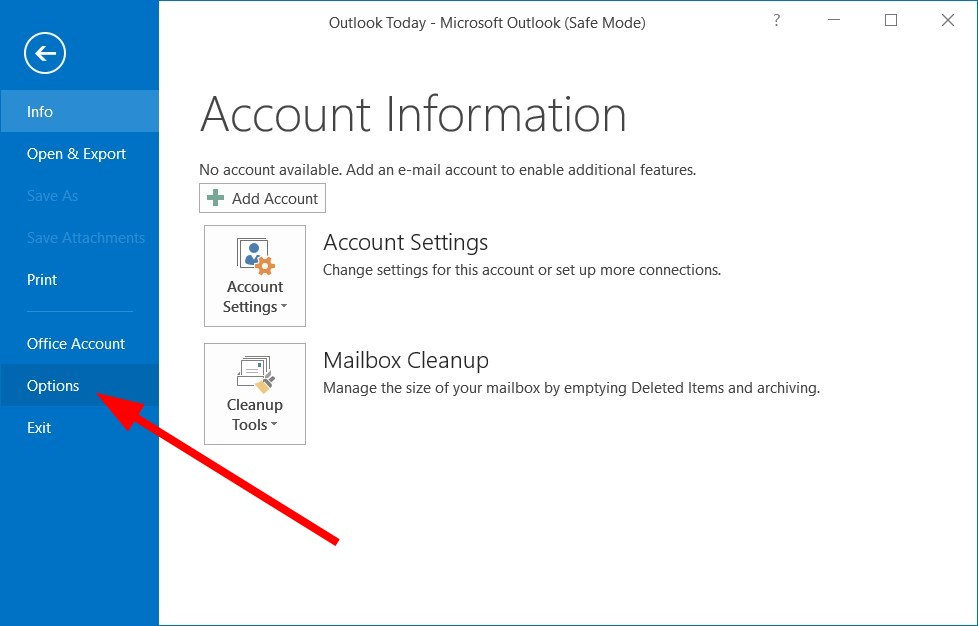 صورة توضح خيار Options في Outlook