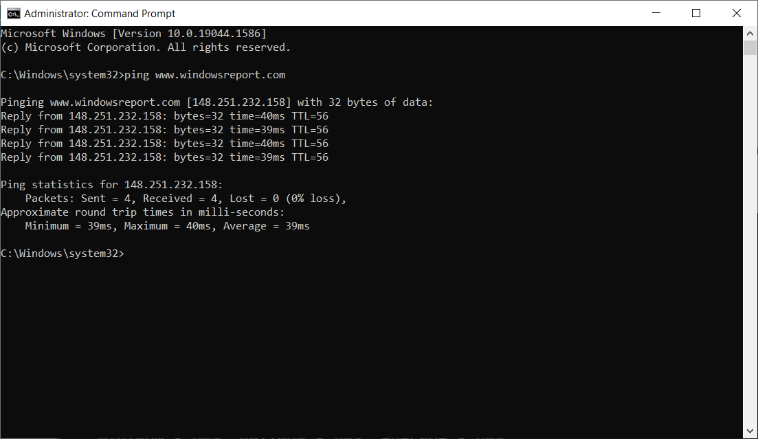 اختبار اتصال موقع في Windows