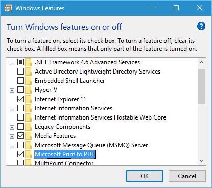 خيار Microsoft Print to PDF في ميزات Windows